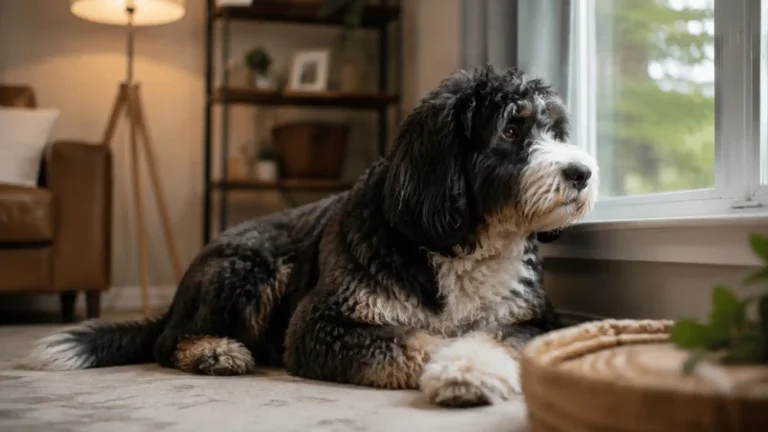 Large bernedoodle dog lying anxiously by a window watching for its owner