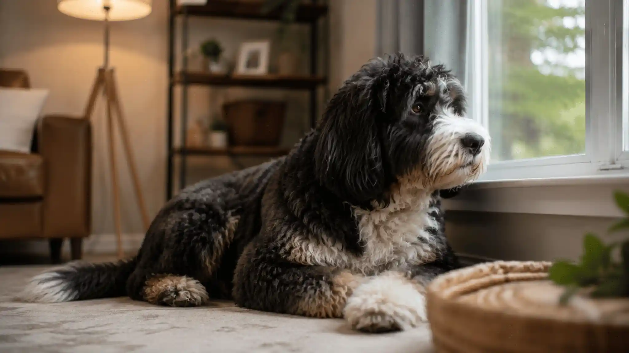 Large bernedoodle dog lying anxiously by a window watching for its owner