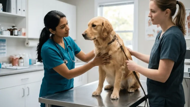 Veterinarian gently examining a calm dog on an exam table