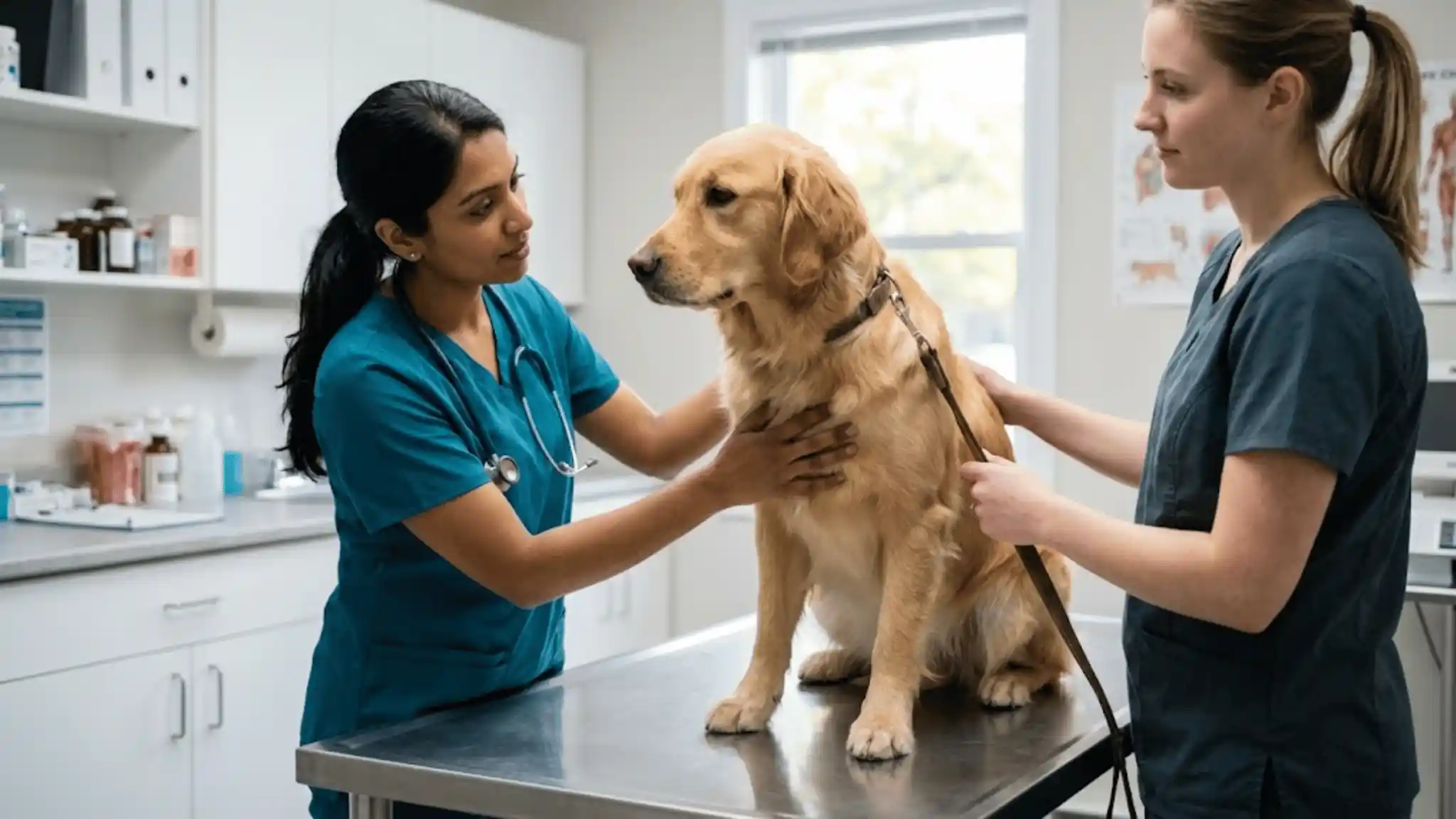 Veterinarian gently examining a calm dog on an exam table