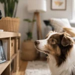 Modern pet camera monitoring a curious dog at home, used to check on dogs with separation anxiety