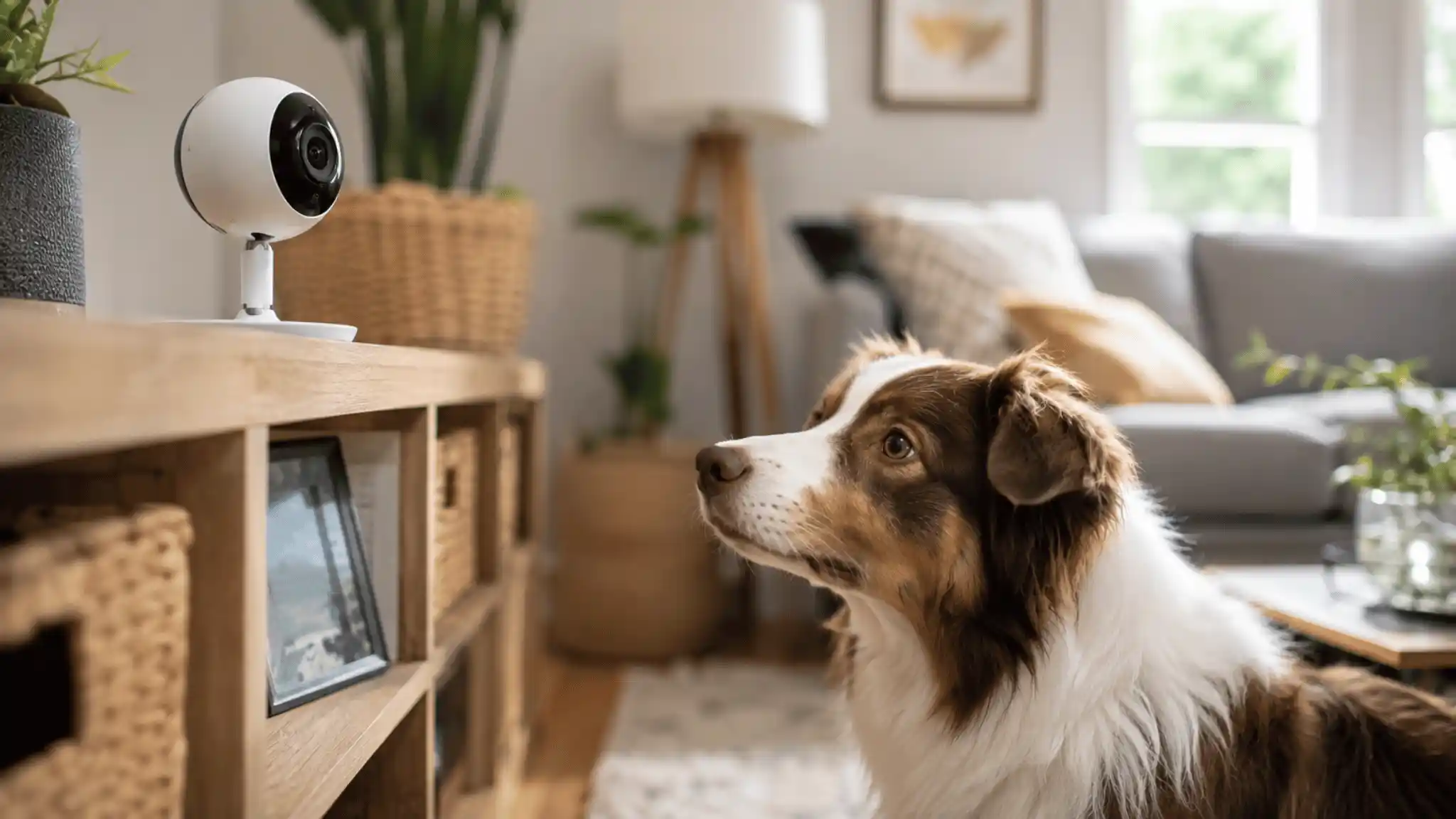Modern pet camera monitoring a curious dog at home, used to check on dogs with separation anxiety