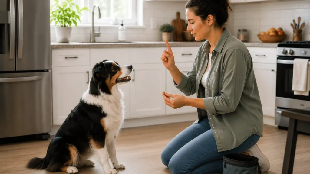 Woman using positive reinforcement to train a Border Collie in a modern kitchen during a short daily obedience training session, helping build consistent long-term dog training habits.