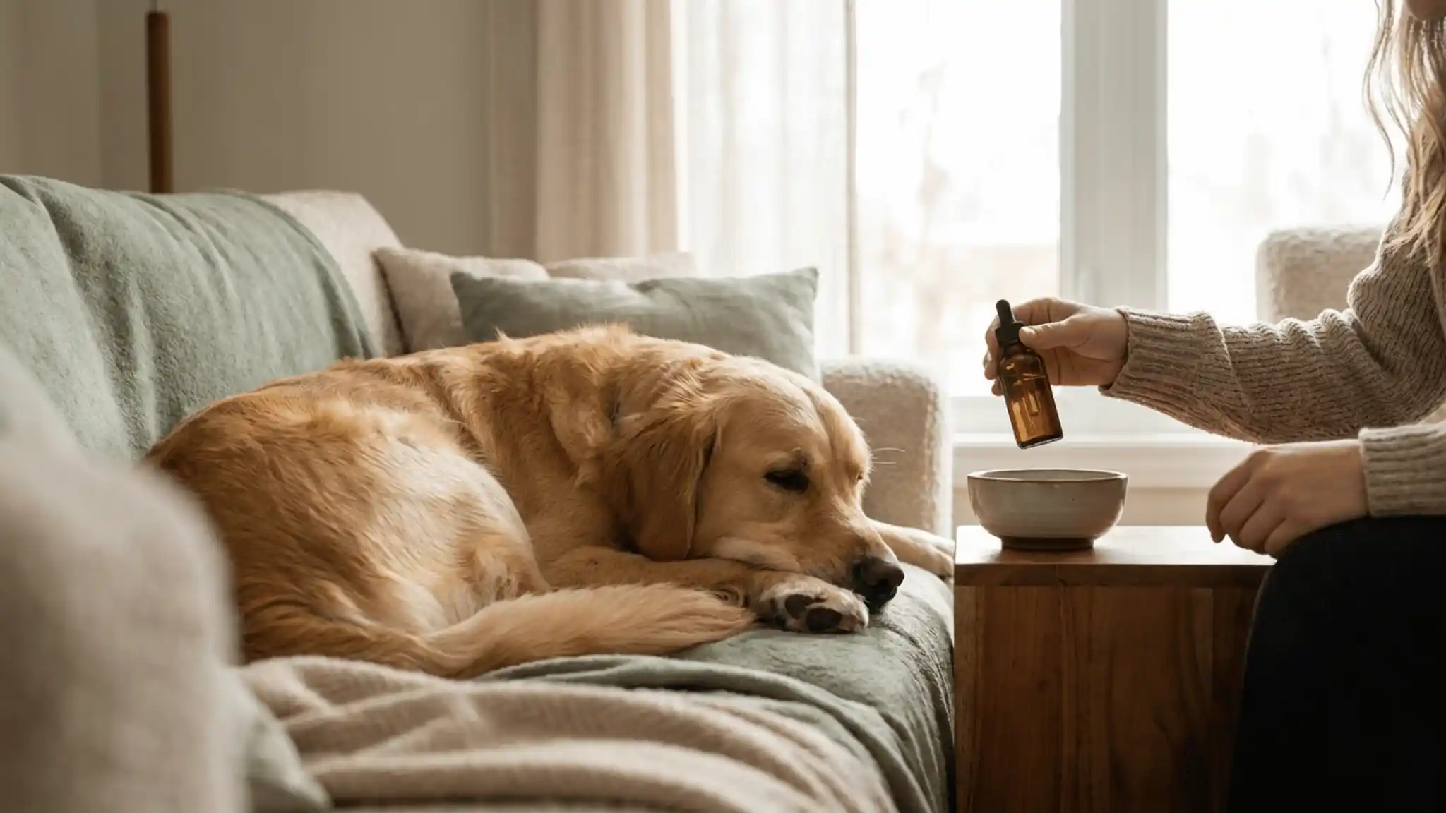 Calm golden retriever relaxing at home while owner gives CBD oil drop for dog anxiety