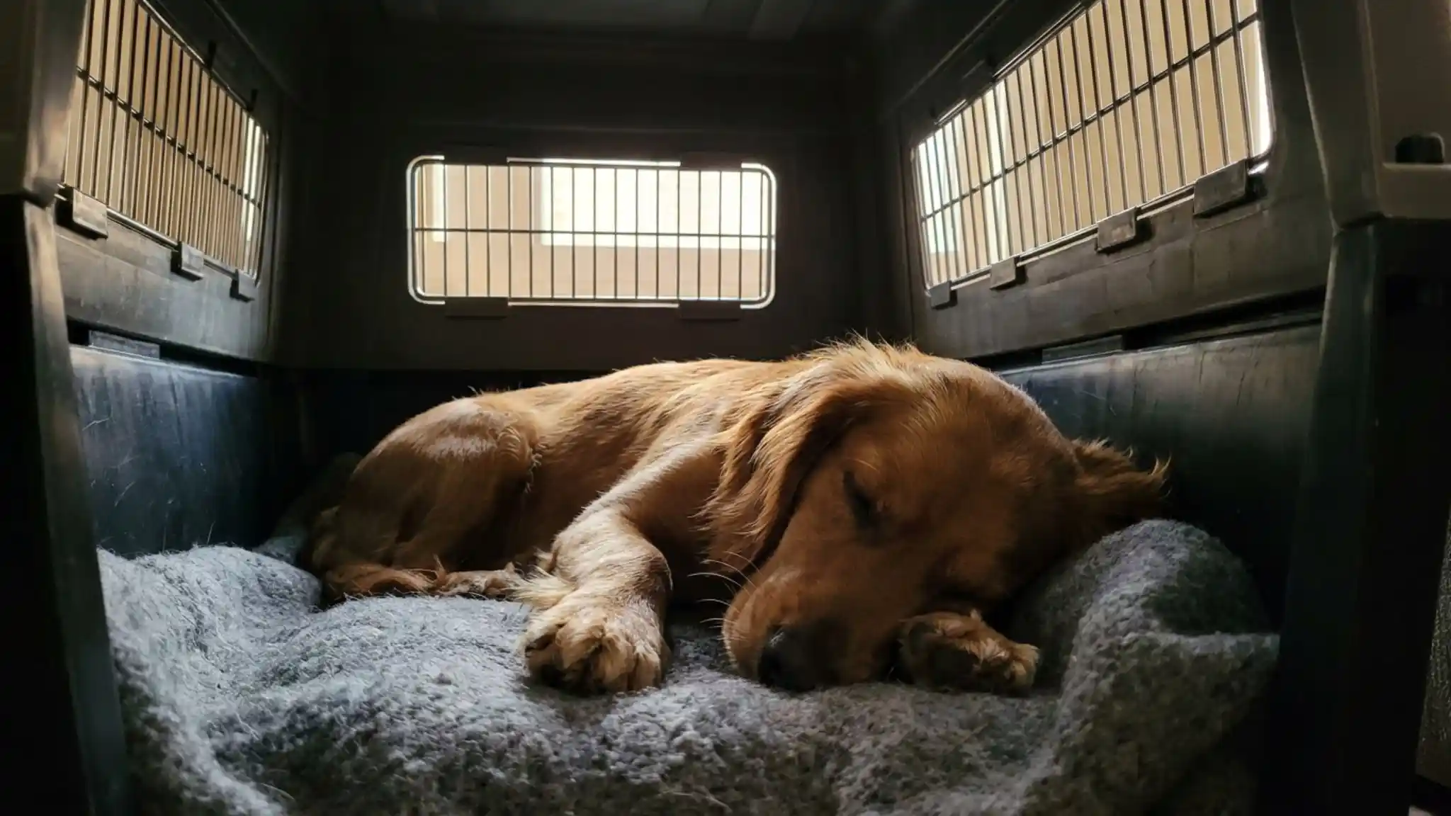 Calm dog lying comfortably inside an enclosed, den-like travel crate