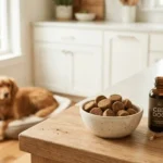 Bowl of dog calming chews next to a CBD oil dropper bottle on a kitchen counter