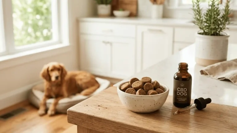 Bowl of dog calming chews next to a CBD oil dropper bottle on a kitchen counter