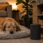 Relaxed dog resting peacefully near a speaker playing calming music at home