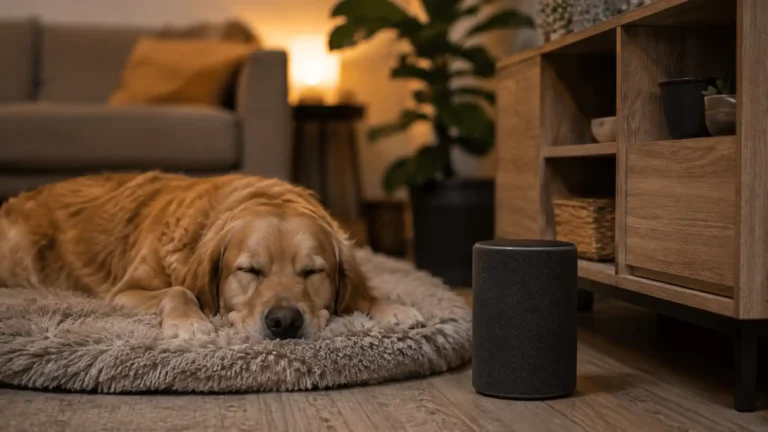 Relaxed dog resting peacefully near a speaker playing calming music at home