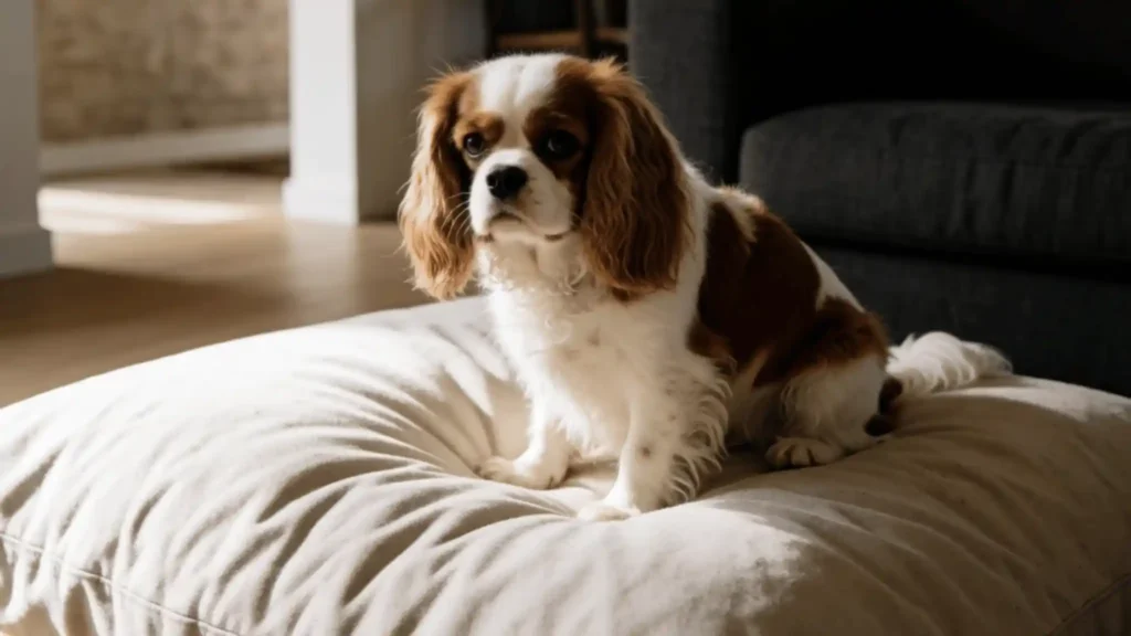 Cavalier King Charles Spaniel looking worried on a sofa cushion, showing separation anxiety