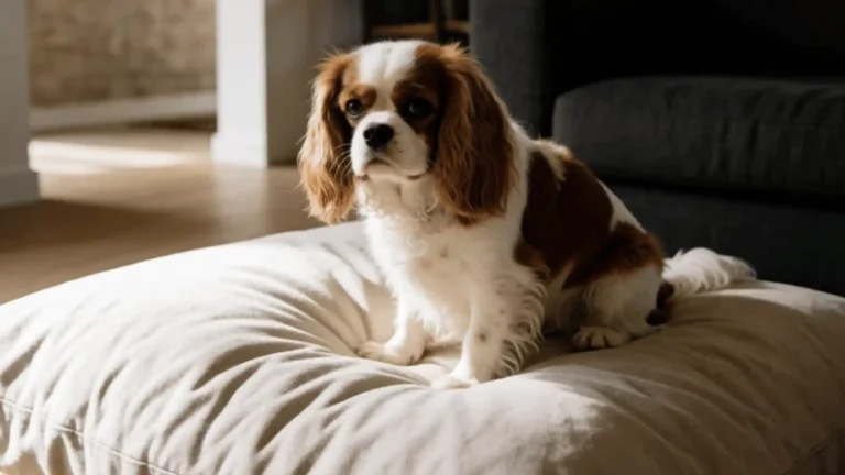 Cavalier King Charles Spaniel looking worried on a sofa cushion, showing separation anxiety
