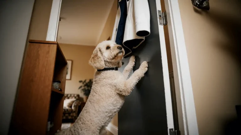 Anxious cockapoo dog scratching at a closed door