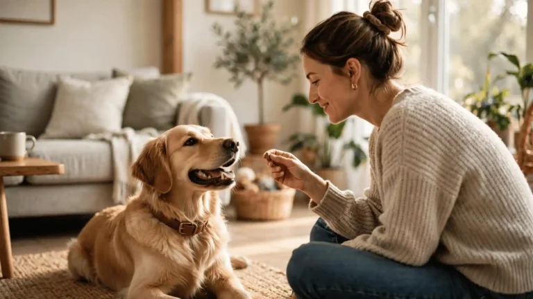 Happy dog receiving treats and praise from its owner during positive training to cure separation anxiety fast