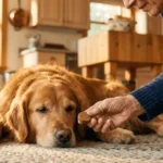 Do calming chews work for dogs: owner's hand giving a calming chew treat to a relaxed dog at home.