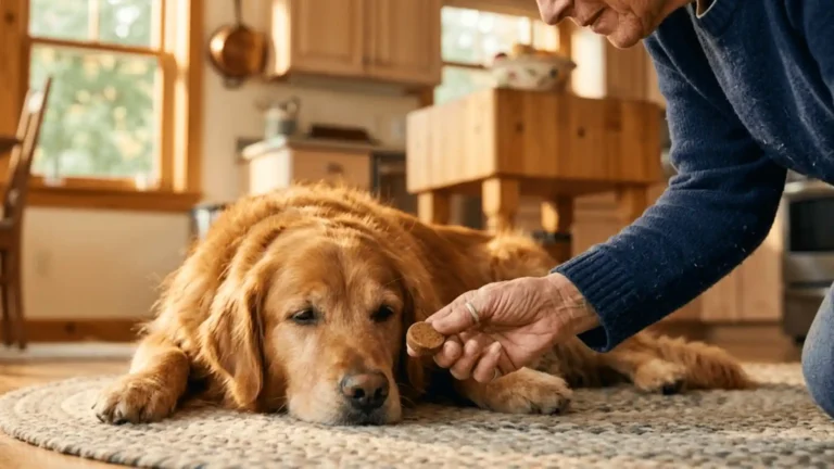 Do calming chews work for dogs: owner's hand giving a calming chew treat to a relaxed dog at home.