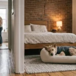 Dog lying calmly alone on a rug while its owner is visible in another room