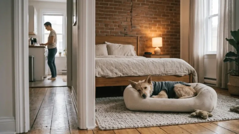 Dog lying calmly alone on a rug while its owner is visible in another room