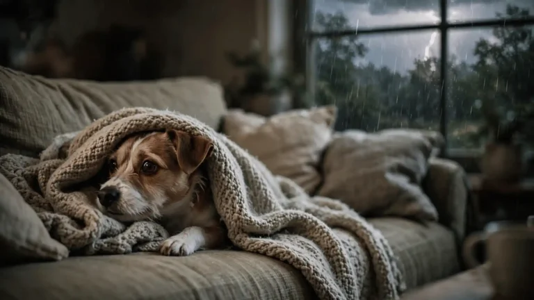 Small dog trembling under a blanket during a thunderstorm, experiencing a dog anxiety attack