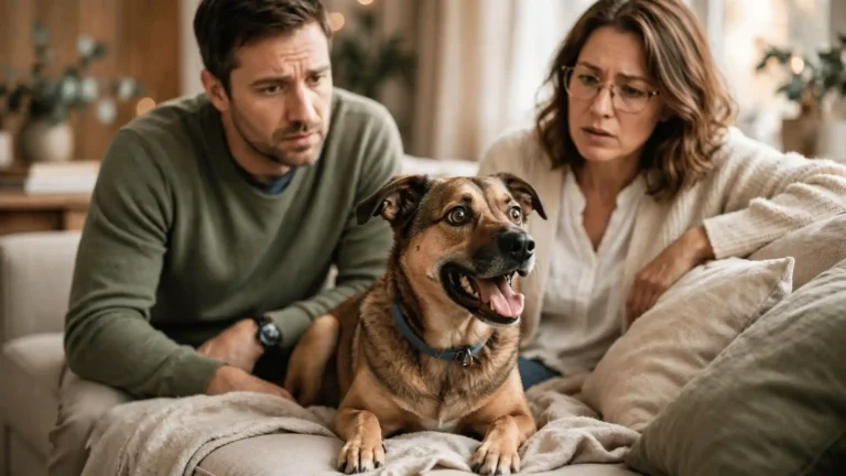 Dog panting with a worried expression on a couch, showing common dog anxiety symptoms