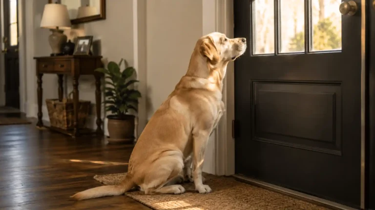 Labrador dog sitting alone by the front door, anxious about being left alone