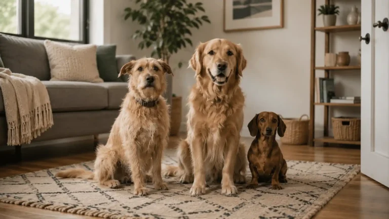 Three different dog breeds sitting calmly together, illustrating anxiety differences by breed