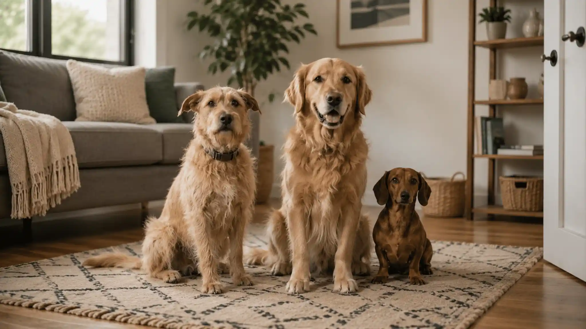 Three different dog breeds sitting calmly together, illustrating anxiety differences by breed