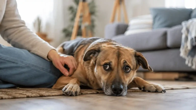 Nervous dog lying on the floor with its owner comforting it, illustrating dog anxiety