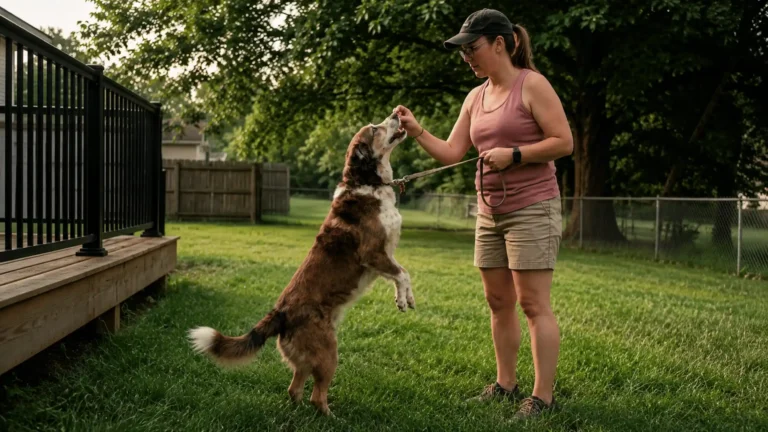 Owner calmly training a dog outdoors to correct behavior problems using positive reinforcement