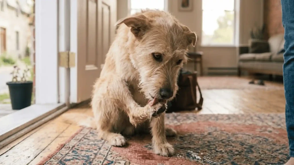 Dog repetitively licking its paw, a sign of compulsive behavior and anxiety