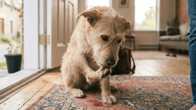 Dog repetitively licking its paw, a sign of compulsive behavior and anxiety