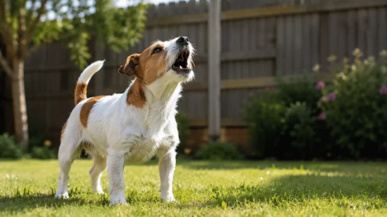 Small dog barking energetically in a backyard