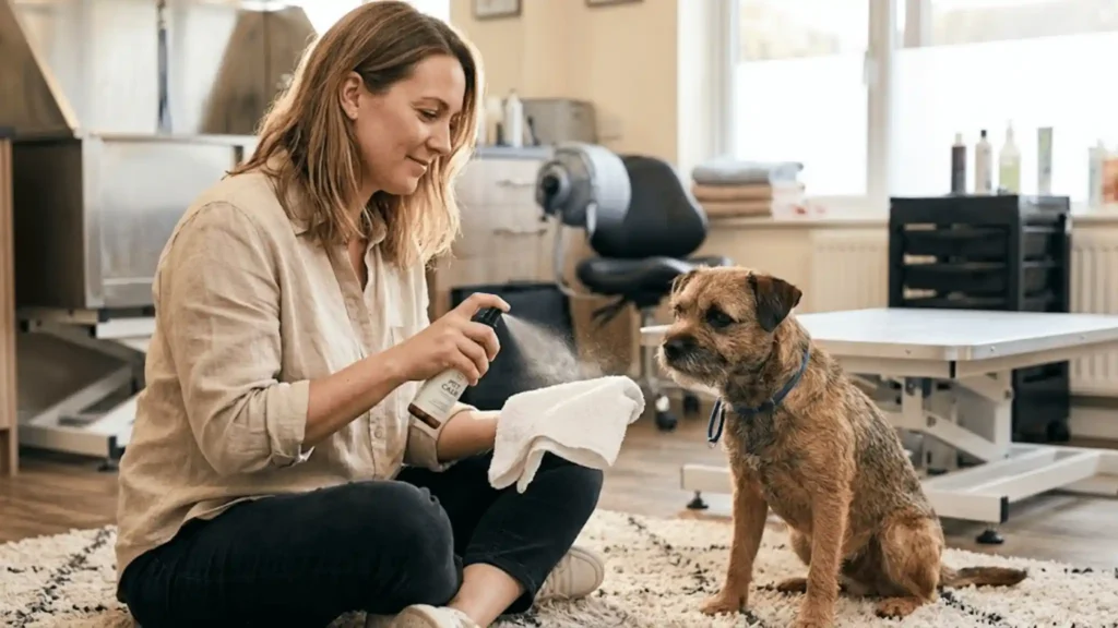 dog grooming for anxious dogs - how to use calming spray