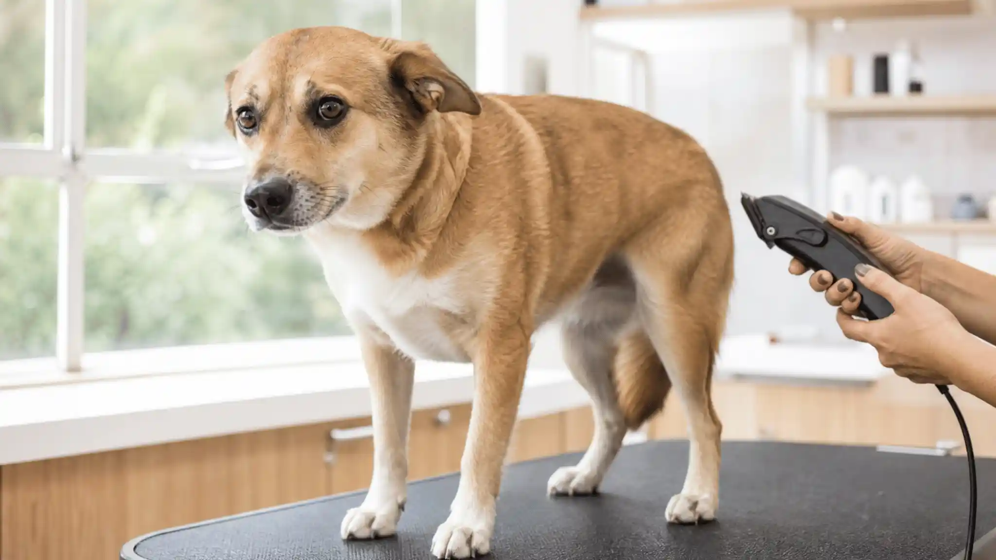 dog grooming for anxious dogs - nervous dog reacting to clippers
