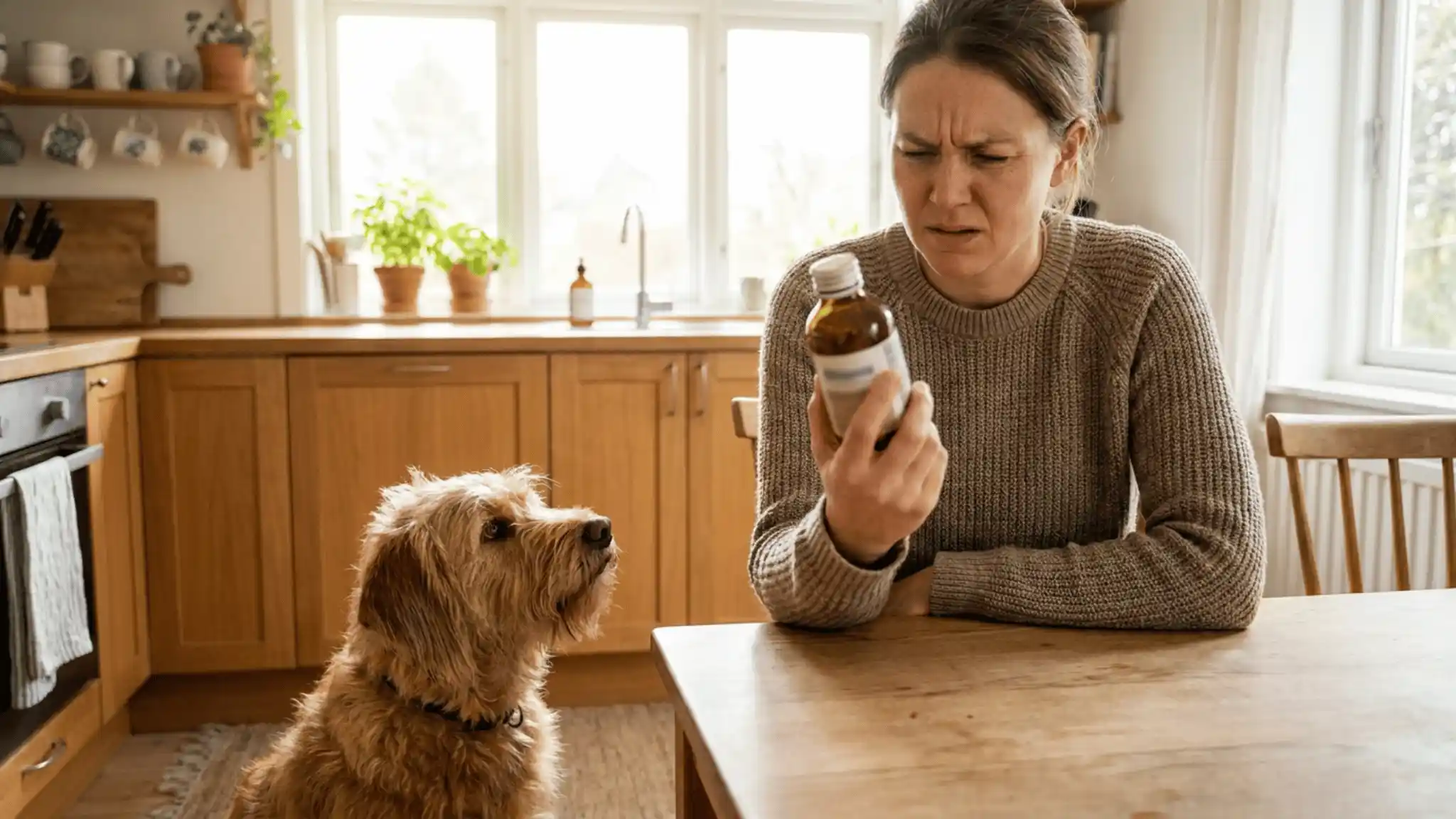 Worried dog owner reading a supplement label in the kitchen while her dog watches