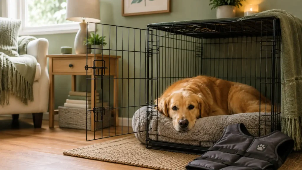 Golden retriever calmly resting in an open crate with a plush calming bed and weighted anxiety vest nearby, tools for dog separation anxiety