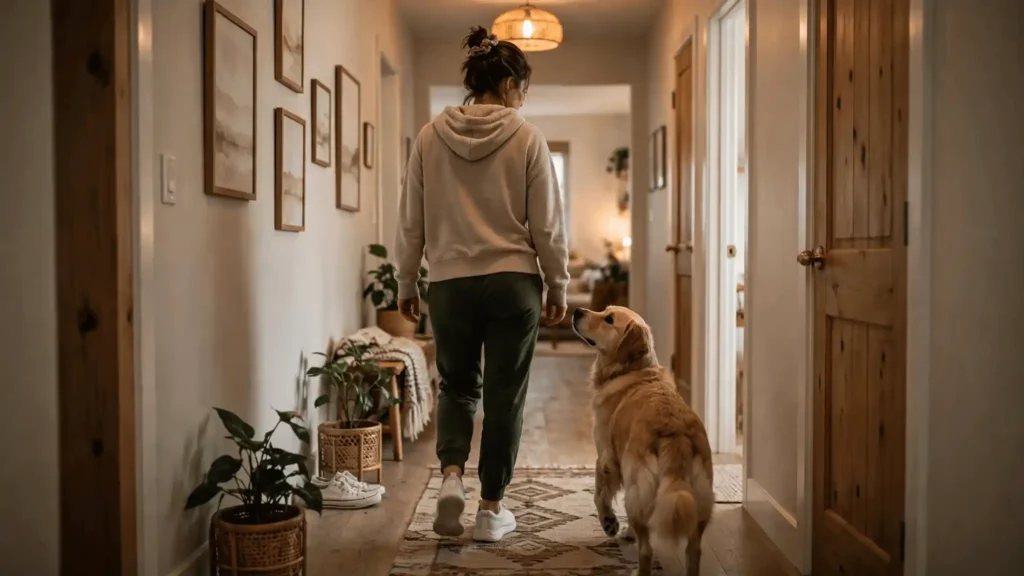 Dog closely following its owner through the hallway, showing separation anxiety attached to one person