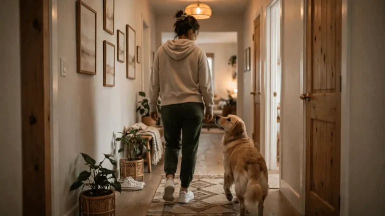 Dog closely following its owner through the hallway, showing separation anxiety attached to one person