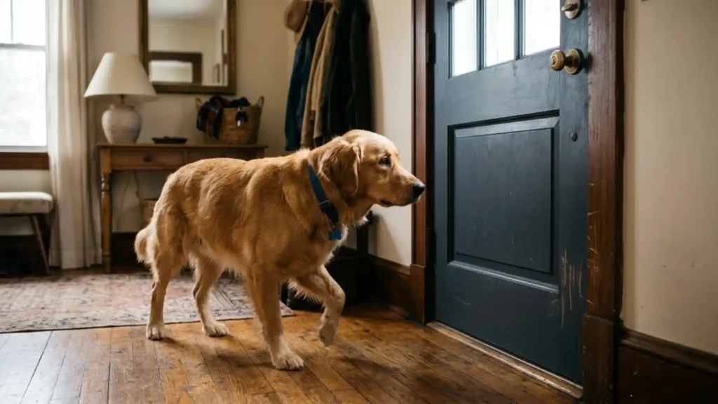 Anxious golden retriever pacing near a front door with scratch marks, a common sign of dog separation anxiety