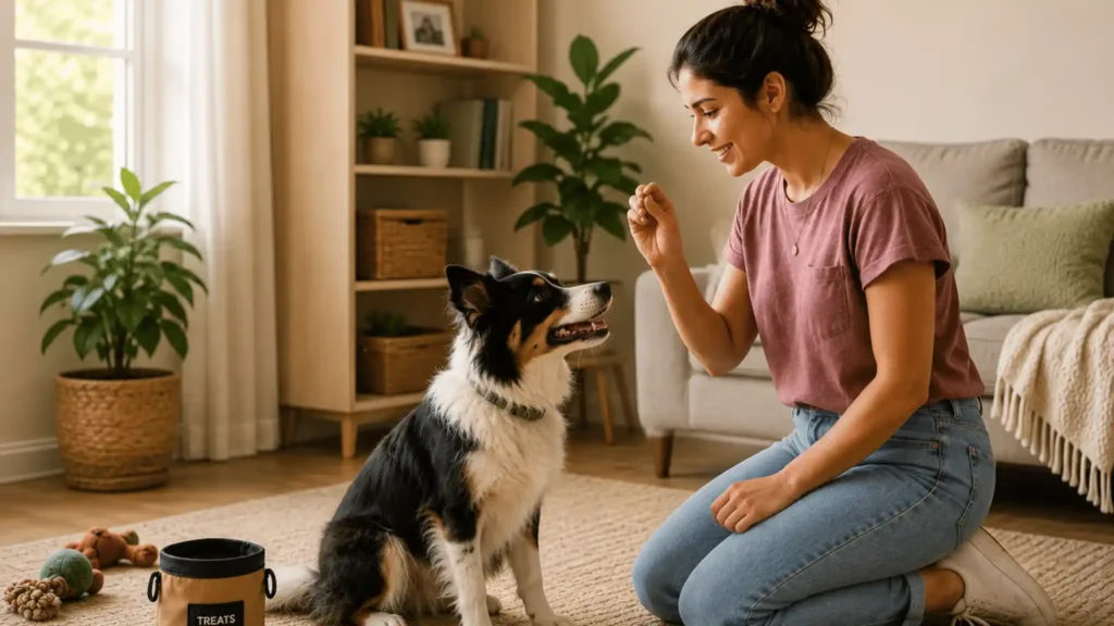 Young woman rewarding a Border Collie during beginner dog training at home in a cozy modern living room, demonstrating positive reinforcement techniques for obedience training.