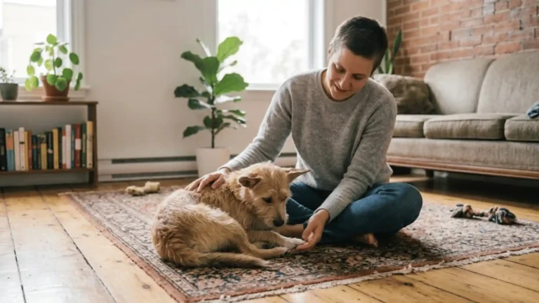 Dog training for fear and anxiety: owner using positive reinforcement treats with a nervous dog.