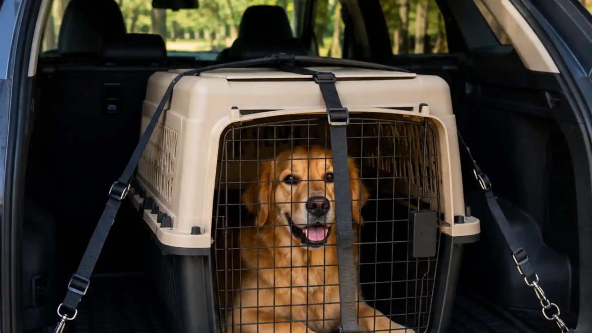 Dog crate securely strapped in the back of an SUV for safe travel