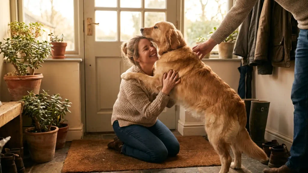 Woman and family member happily bonding with their golden retriever at home, showing long-term separation anxiety recovery
