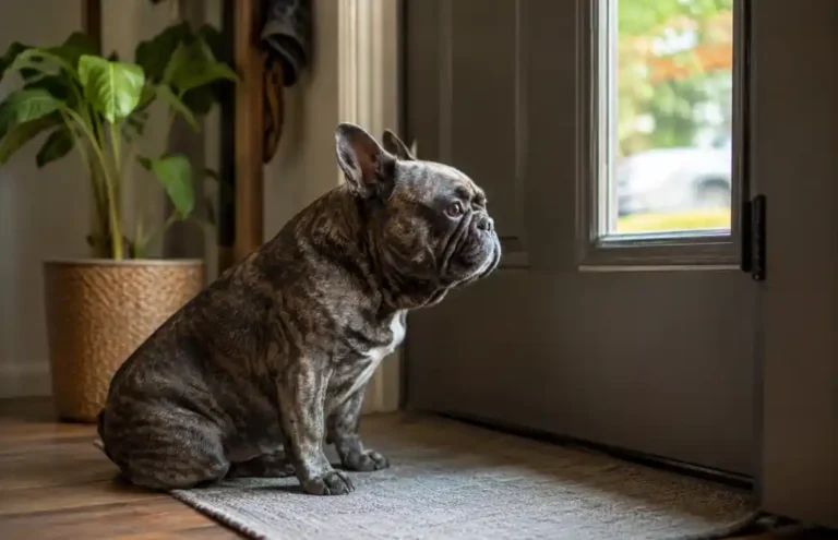 French bulldog separation anxiety symptoms with a French Bulldog sitting alone near the front door waiting for its owner