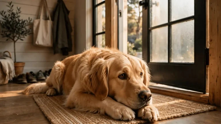 Golden retriever separation anxiety: dog lying with its head on its paws near the front door, waiting for its owner.
