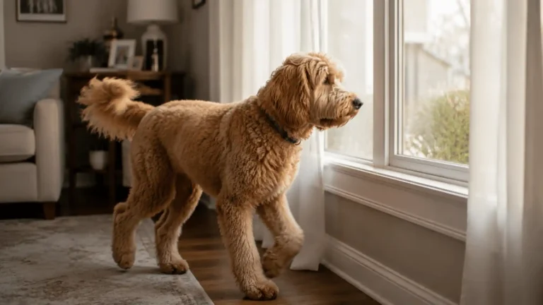 Goldendoodle dog pacing near a window, anxious about being left alone