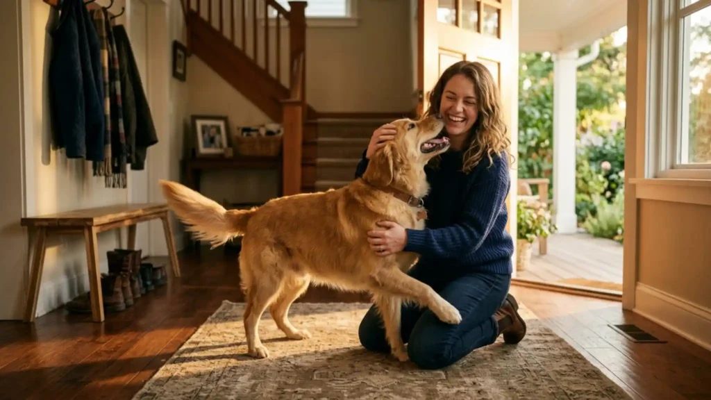 Joyful woman hugging her golden retriever at the front door, a successful outcome of separation anxiety training