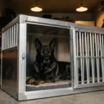 Large dog resting inside a heavy-duty aluminum travel crate built for escape-prone dogs