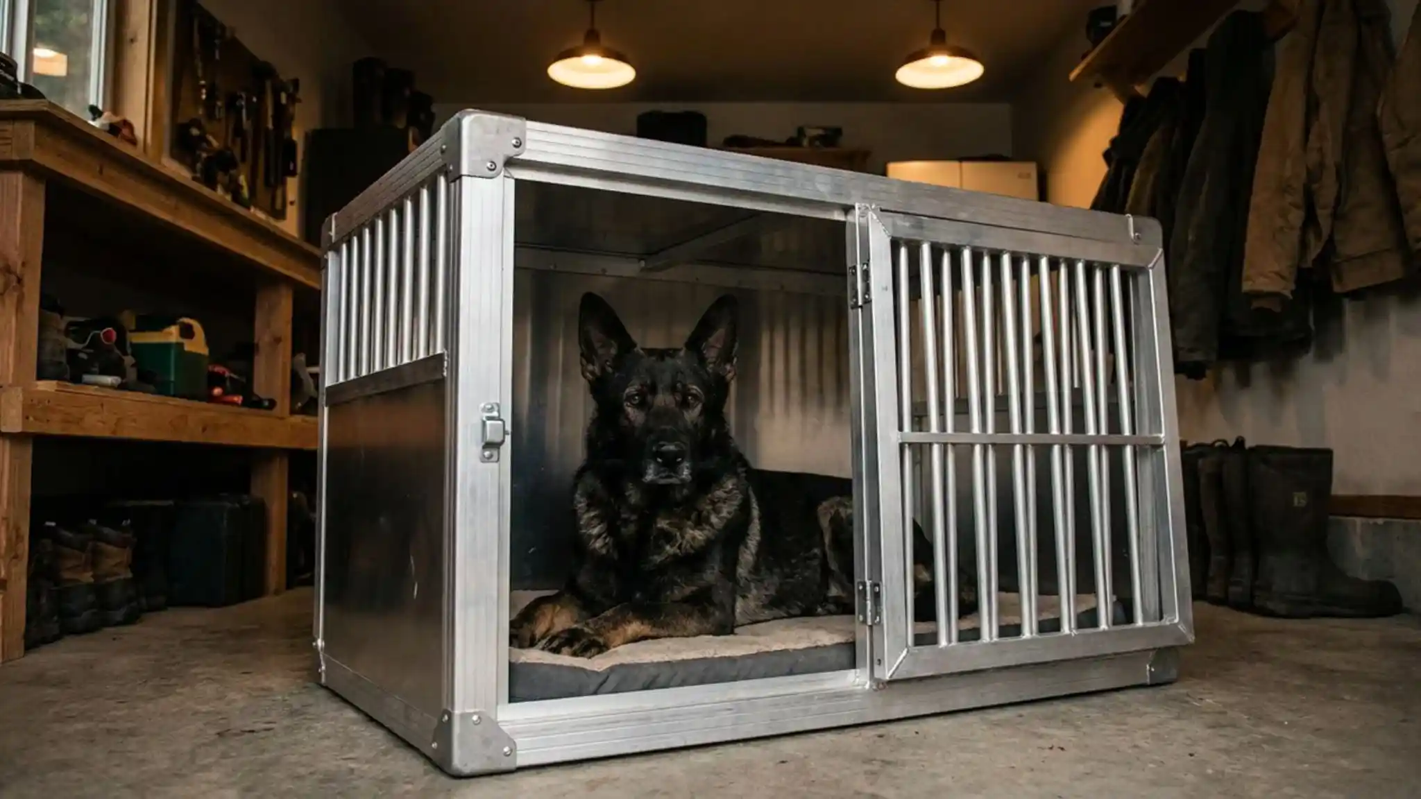 Large dog resting inside a heavy-duty aluminum travel crate built for escape-prone dogs