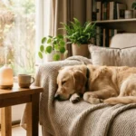 Home remedies for dog separation anxiety: calm dog resting on a bed with an owner nearby.