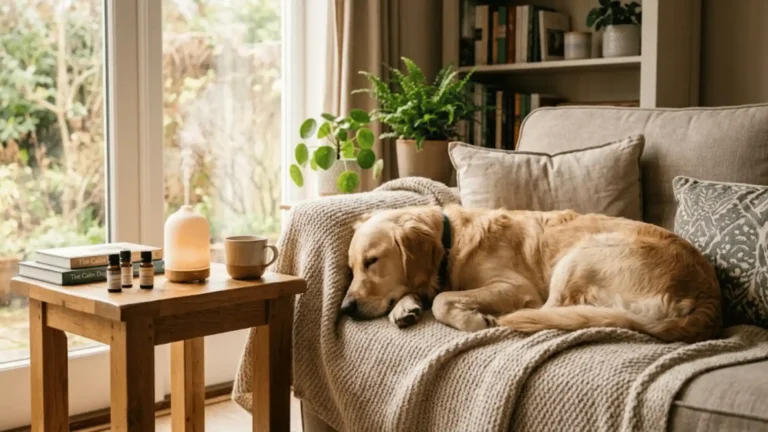 Home remedies for dog separation anxiety: calm dog resting on a bed with an owner nearby.
